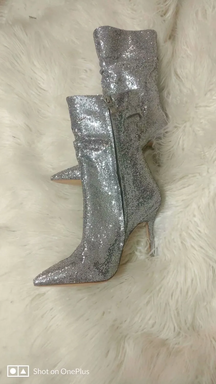 

real picture bling bling sexy Elasticity boots women zipper pointed toe high heels ankle boots for girls shoes wedding shoes