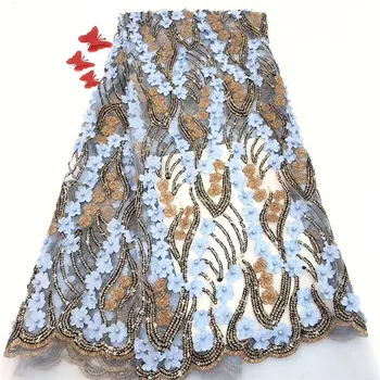 

High class 3D flower French tulle mesh lace fabric nice net lace fabric with beads for fashion dress PDN6(5yards/lot)