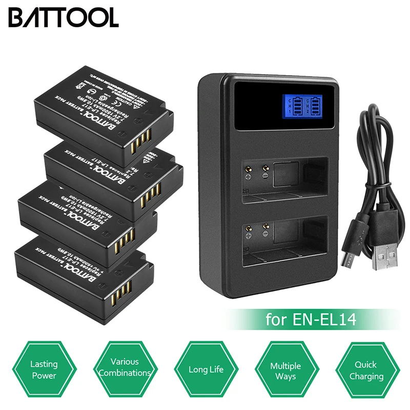 

BATTOOL 4Pcs EN-EL14 ENEL14 Rechargeable Li-ion Battery + LCD Dual Charger for Nikon D3100 D3200 D3300 D5100 D5200