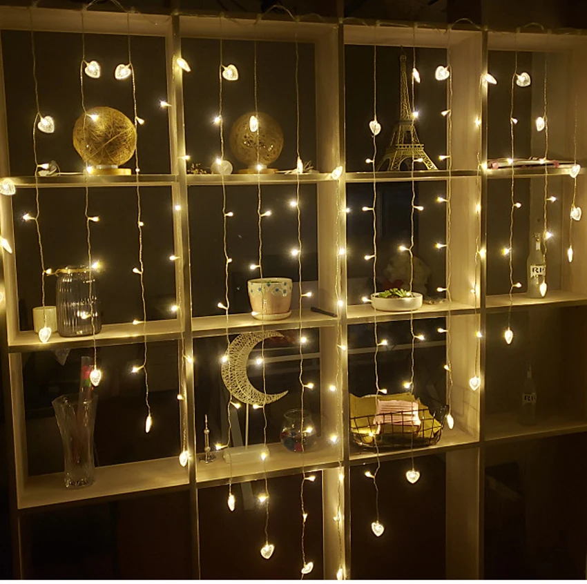 2x1,5 м в форме сердца светодиодный строка Шторы свет на Рождество Свадебная вечеринка украшения Люстра Luminarias 220 V