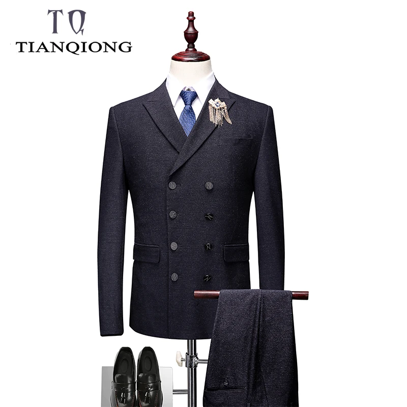

TIAN QIONG Double Breasted Suit Men Slim Fit Black Suits for Men Elegant Formal Bsuiness Wedding Suits (Blazers+Pants+Waistcoat)
