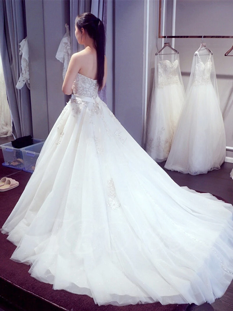 428 New Sweetheart Court Train A Line Wedding Dress Sequins Tulle Long 2017 Bridal Gown With Sash Vestido De Novias 205 (9)