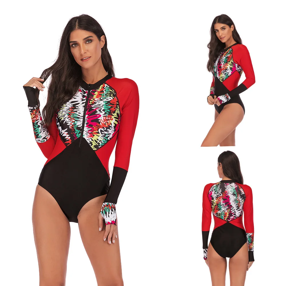 المرأة قطعة واحدة طفح الحرس طويلة الأكمام ملابس السباحة ملابس السباحة الزهرية سستة الجبهة تصفح بدلة غطس الاستحمام لباس سباحة S ~ 5XL