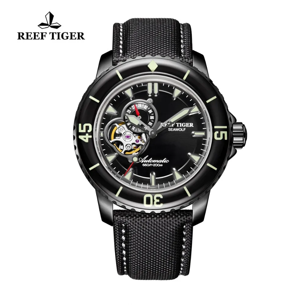 Часы Reef Tiger/RT черные автоматические водонепроницаемые 200 м с нейлоновым ремешком