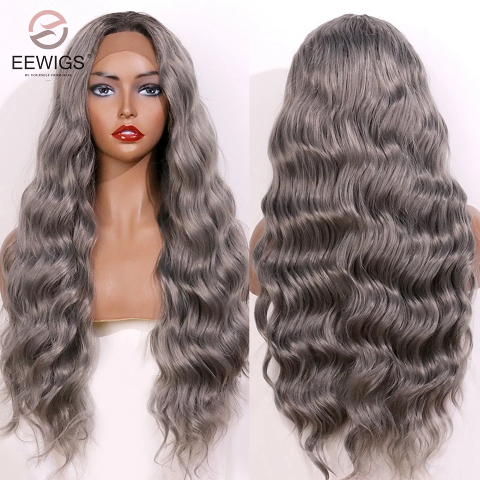 Us 35 0 50 Off Eewigs Loose Deep Wave Lace Front Wig Ombre Grey Color Middle Part Glueless Heat Resistant Synthetic Wigs For Black Women In