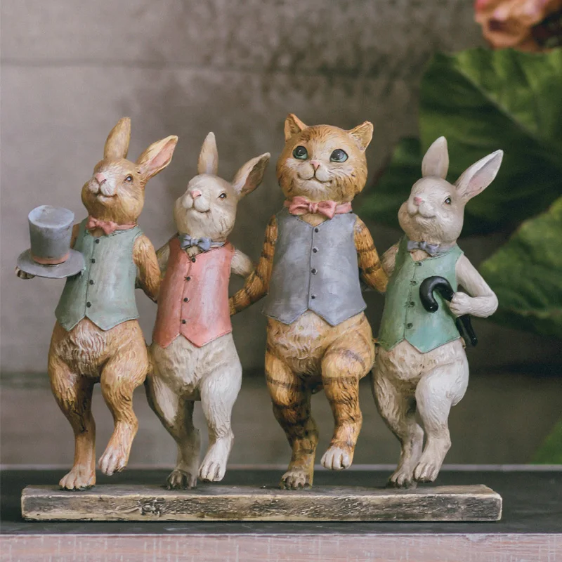 

Resin Crafts Home Decoration Four Animals Dancing Statues Sculptures Miss Rabbit And Gentleman Cat Dance Hand In Hand Ornaments