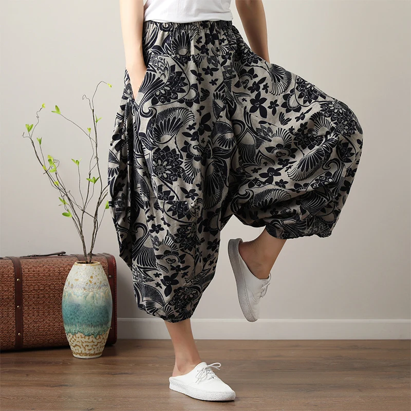 Свободные винтажные брюки в китайском стиле; летние хлопковые и льняные штаны-шаровары с эластичной резинкой на талии; штаны с цветочным принтом и карманами; Mujer