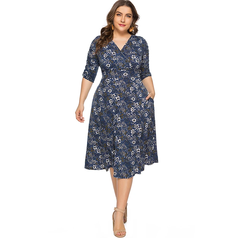 Romacci женское платье миди, плюс размер, цветочный принт, v-образный вырез, рукав три четверти, богемное платье, летнее тонкое платье большого размера, синее/красное - Цвет: Синий