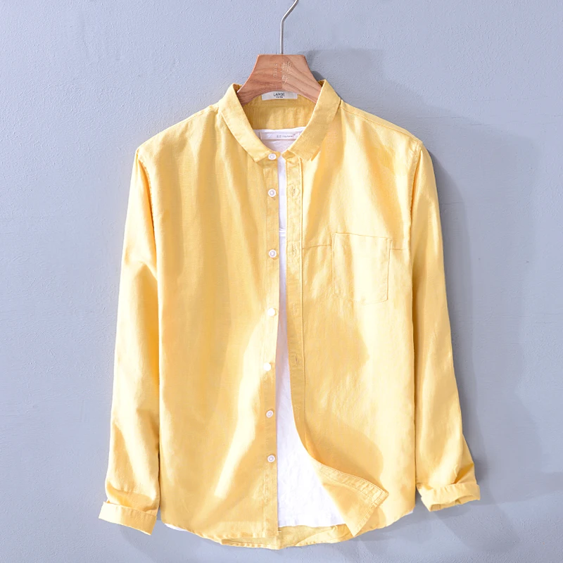Новое поступление, брендовая мужская рубашка с длинным рукавом, модная весенняя лимонно-желтая Однотонная рубашка, мужская повседневная льняная дышащая рубашка, Мужская сорочка