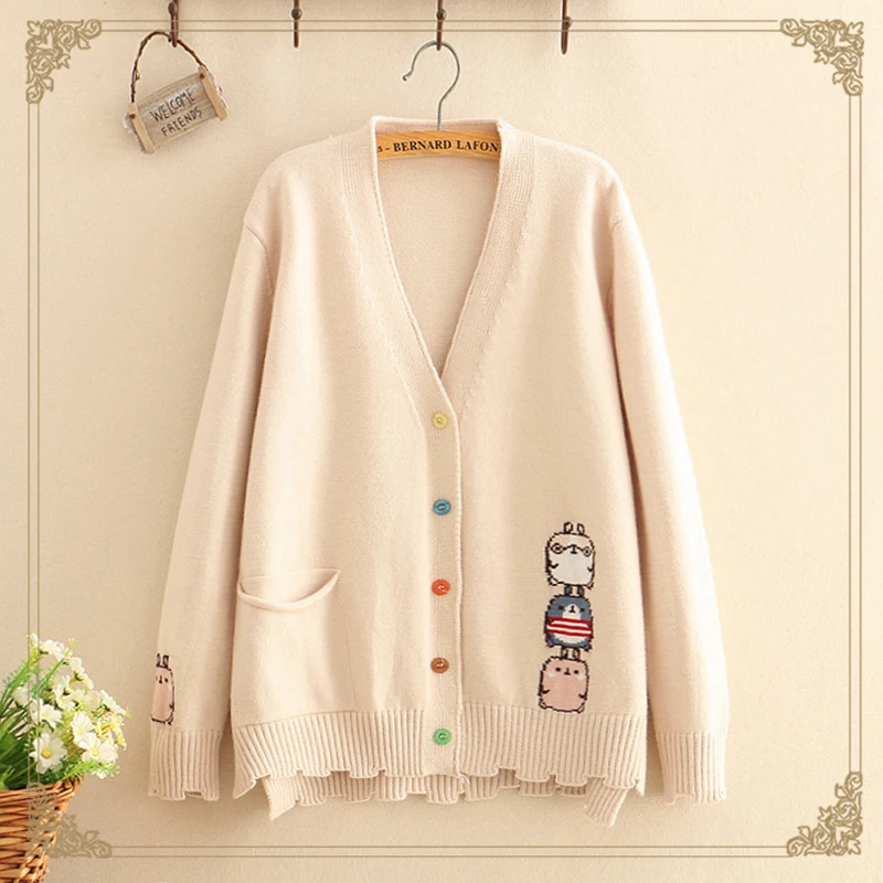 

Spring Autumn Cartoon Knitting Cotton Sweater Women Casual Loose V-neck Long Sleeve Colorful Button Cardigan Sweaters T553