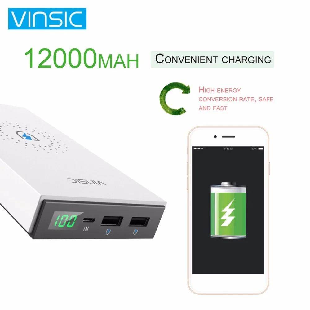 VINSIC Wireless 12000mAh Powerbank 2 ports Dual USB Fast Charger 5V 2.4A Extenal Battery Pack Portable Power Charger Power Bank VINSIC Wireless 12000mAh Powerbank 2 ports Dual USB Fast Charger 5V 2.4A Extenal Battery Pack Portable Power Charger Power Bank