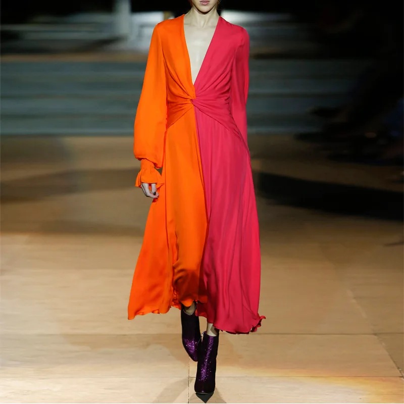 

2019 Spring Full Sleeve Long Party Dress Womens High Quality Orange and Purple V Neck Fashion Runway Design Maxi Women Dress