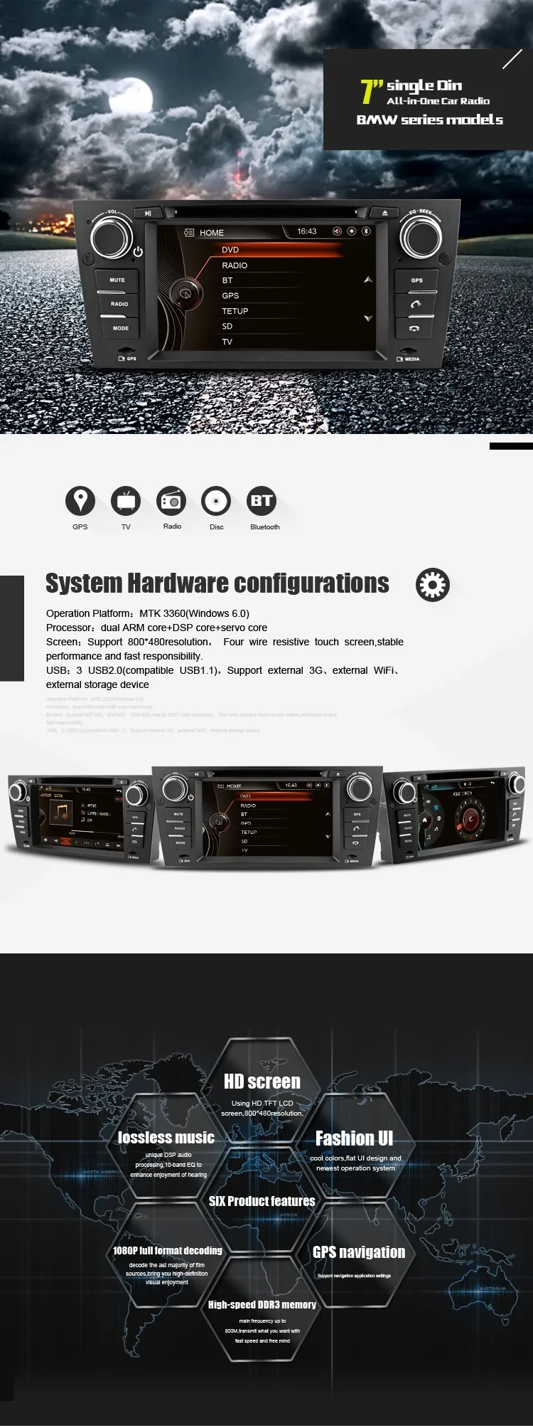 Clearance 7" HD Capacitive Touch Screen Car DVD Player GPS Navigation for BMW E90 E91 E92 E93 E88 E82 Auto or Manual with Original BMW UI 11