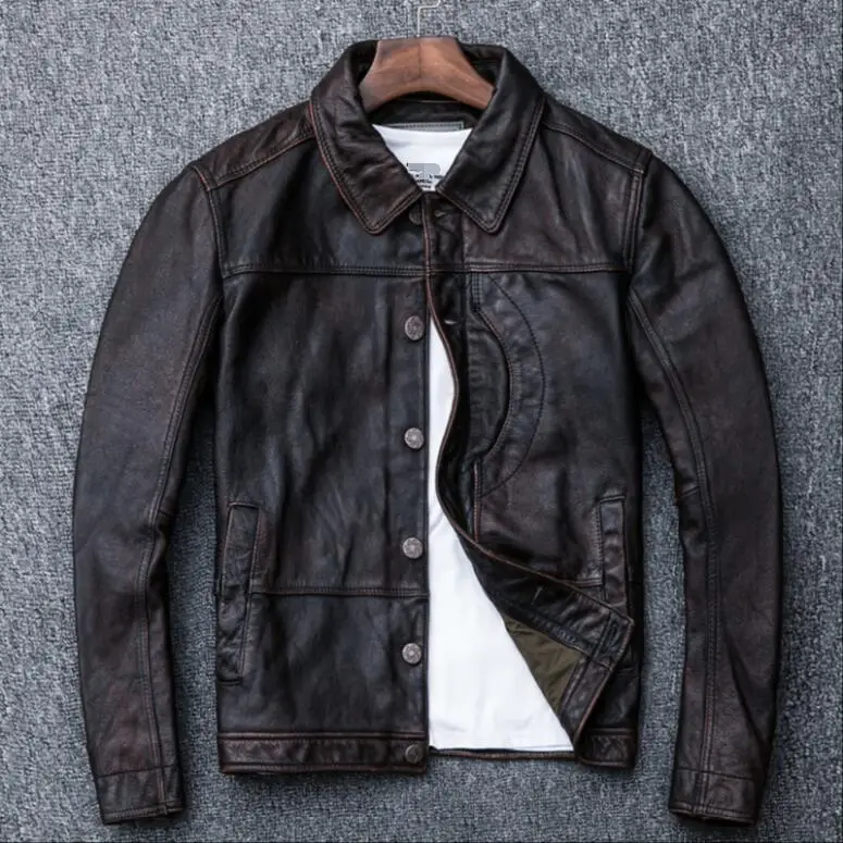 

Reddish-brown top layer cowhide leather jacket for men vintage wash for old short lapel denim jacket.