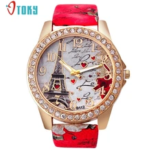 New Fashion Design Women Tower Pattern PU Leather Band Analog Quartz Vogue Wrist Watches Creative