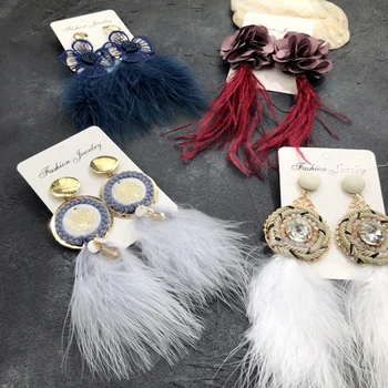 

Europe Vintage Luxurious Feather Tassel Dangle Earrings Women Fashion Crystal Flower Long Earring Beauty Jewelry Accessories