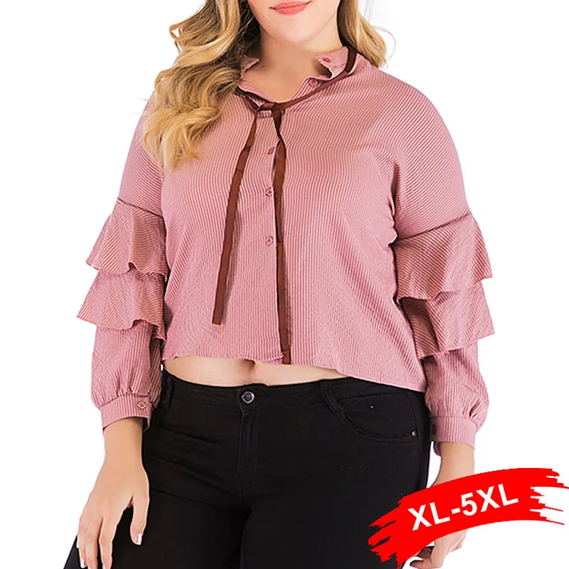 

Plus Size Stripe Bow Tie Neck Stand Collar Layered Ruffles Long Sleeve Crop Tops 5Xl Streetwear Sexy Women Tops And Blusa Shirts