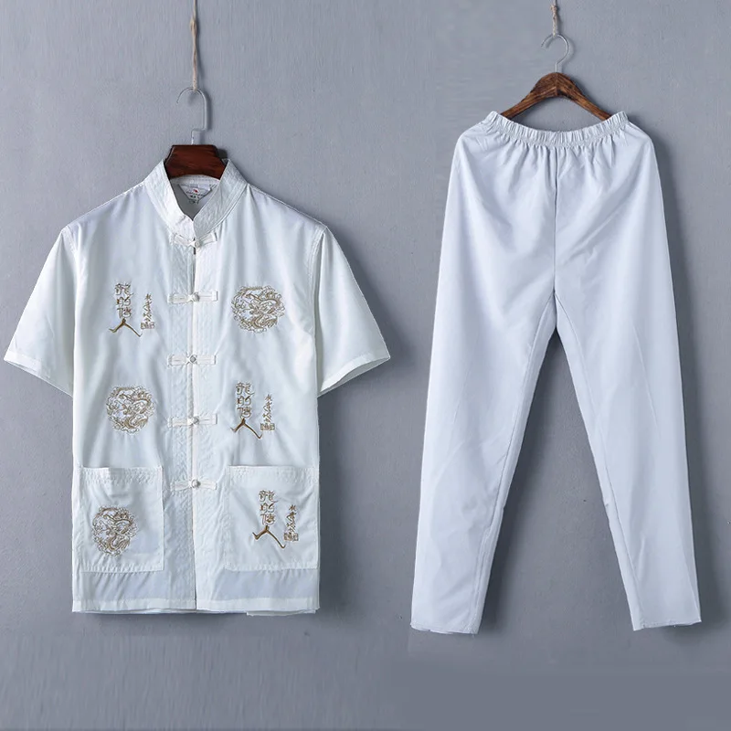 

New Chinese Men Cotton Kung Fu Suit short Sleeve shirt Pant Embroidery Dragon Wu Shu Uniform Tai Chi Clothing M L XL XXL XXXL