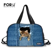 FORUDESIGNS, фирменный дизайн, 3D, джинсовая, с принтом кота, дорожная сумка для багажа, нейлон, для женщин, большая емкость, с обувью, карман, вещевой мешок, Мумия, сумка-тоут