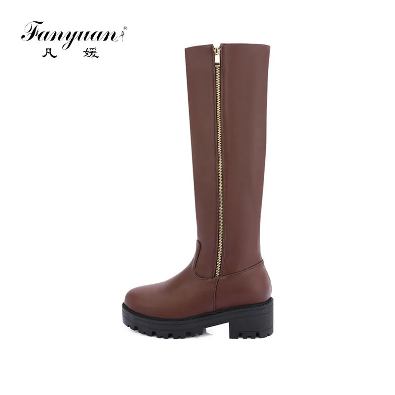

Fanyuan Fashion Platform Knee-High Boots Zipper Thick bottom motorcycle boots women Winter shoes Solid Thick heel Knight boots