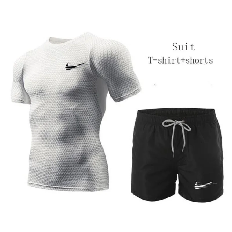 

Summer Breathable Men's Running T-Shirt + Shorts Demix Men's Sportswear rashgard Gym Training Pants Jogging Brand Sportswear