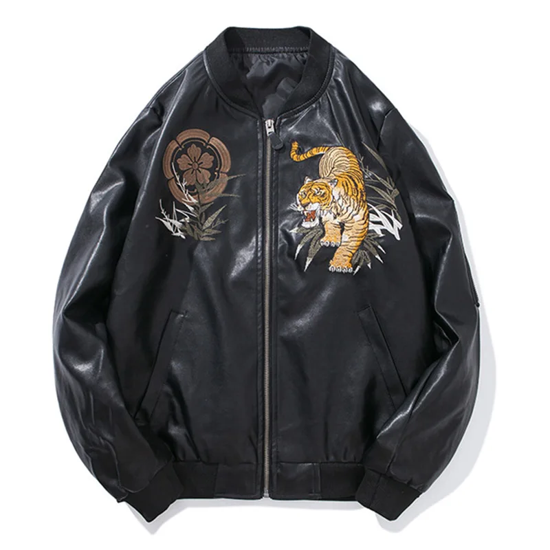 Японский стиль, мужская куртка из искусственной кожи с вышивкой тигра, куртка-бомбер с воротником-стойкой, мужская куртка из искусственной кожи, бейсбольная куртка