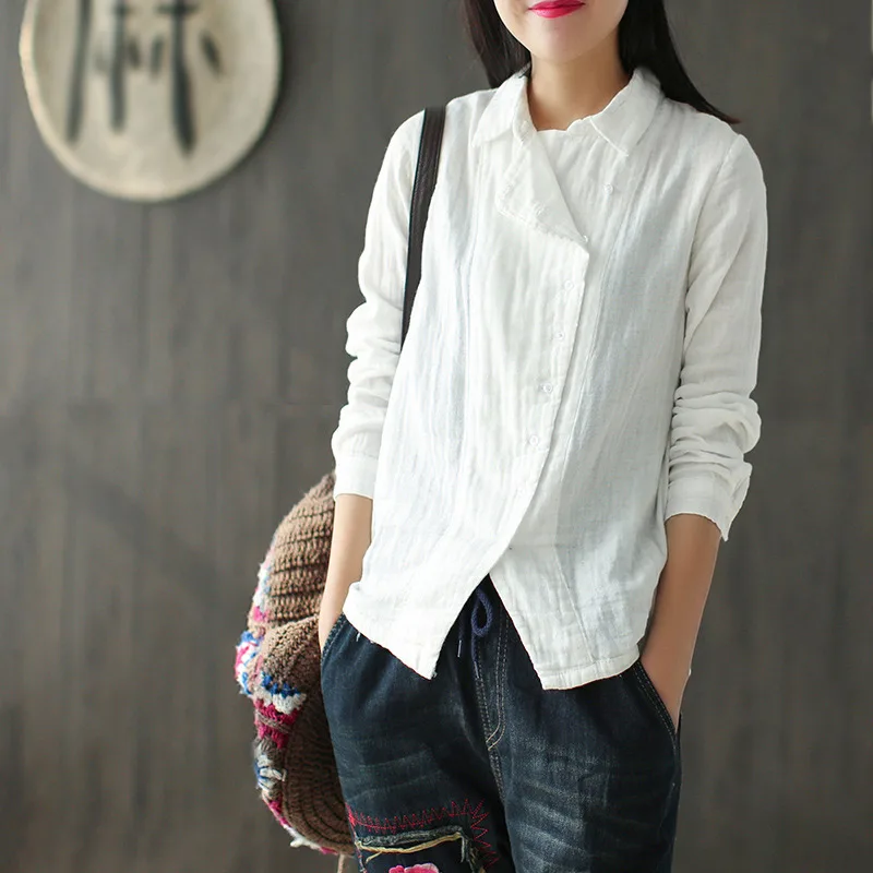 Linen Turn Down Collar Vintage Women Blouses Long Sleeve Buttons Chinese Style Solid Female Summer Shirts 2019 Spring Lady Shirt