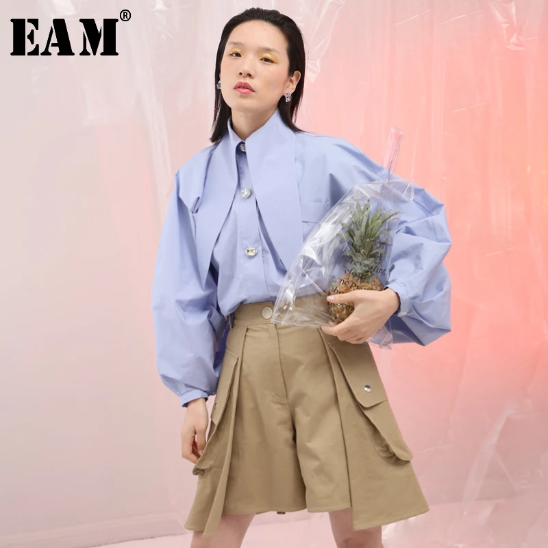 

[EAM] 2019 New Spring High Waist Kahki Layers Pocket Split Joint Loose Wide Leg Shorts Women Fashion Tide JG800