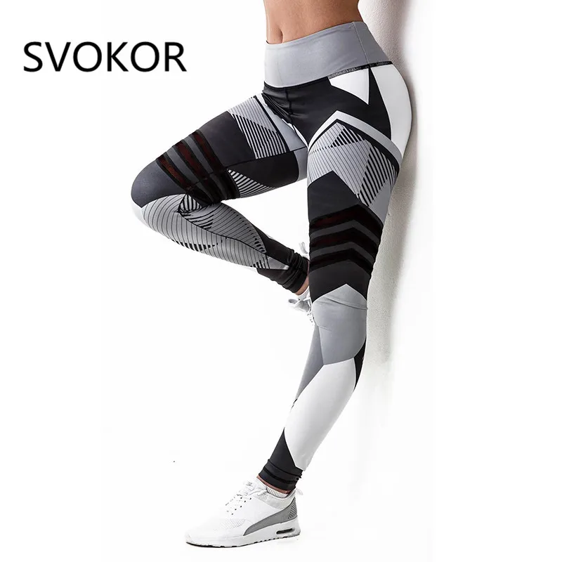 

SVOKOR Women Leggings Sexy Black Holes High Waist Ankle-Length Polyester White Striped Print Keep Slim Casual Fitness Legging