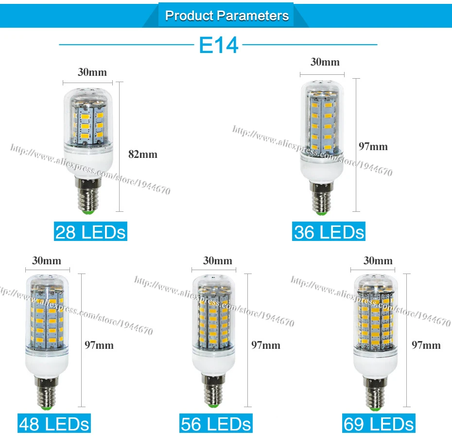 Super LED Bulb E27 E14 220V SMD 5730 LED Lamp 24 36 48 56 69leds AC 230V 5730SMD LED Corn Bulb light Chandelier AC200-240V