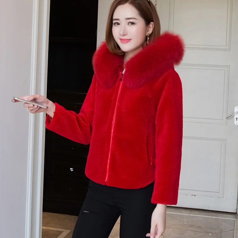 Marine dark caramel Manteaux Capuche Des Style Veste Fourrure Courte Renard Bleu Moutons Avec Femmes bourgogne blanc Laine Pour Tonte Les Slim noir Green rouge Véritable Garniture 2018 De Colour Coréen Manteau D'hiver wqxTSABA