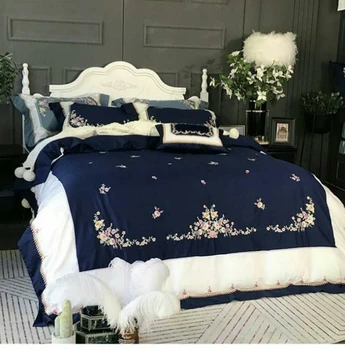 

New Product blue Color 4/7 Pcs Bedding Set egyptian cotton Bedclothes soft bed Linens Duvet Cover Set with embroidery Bed Sheet