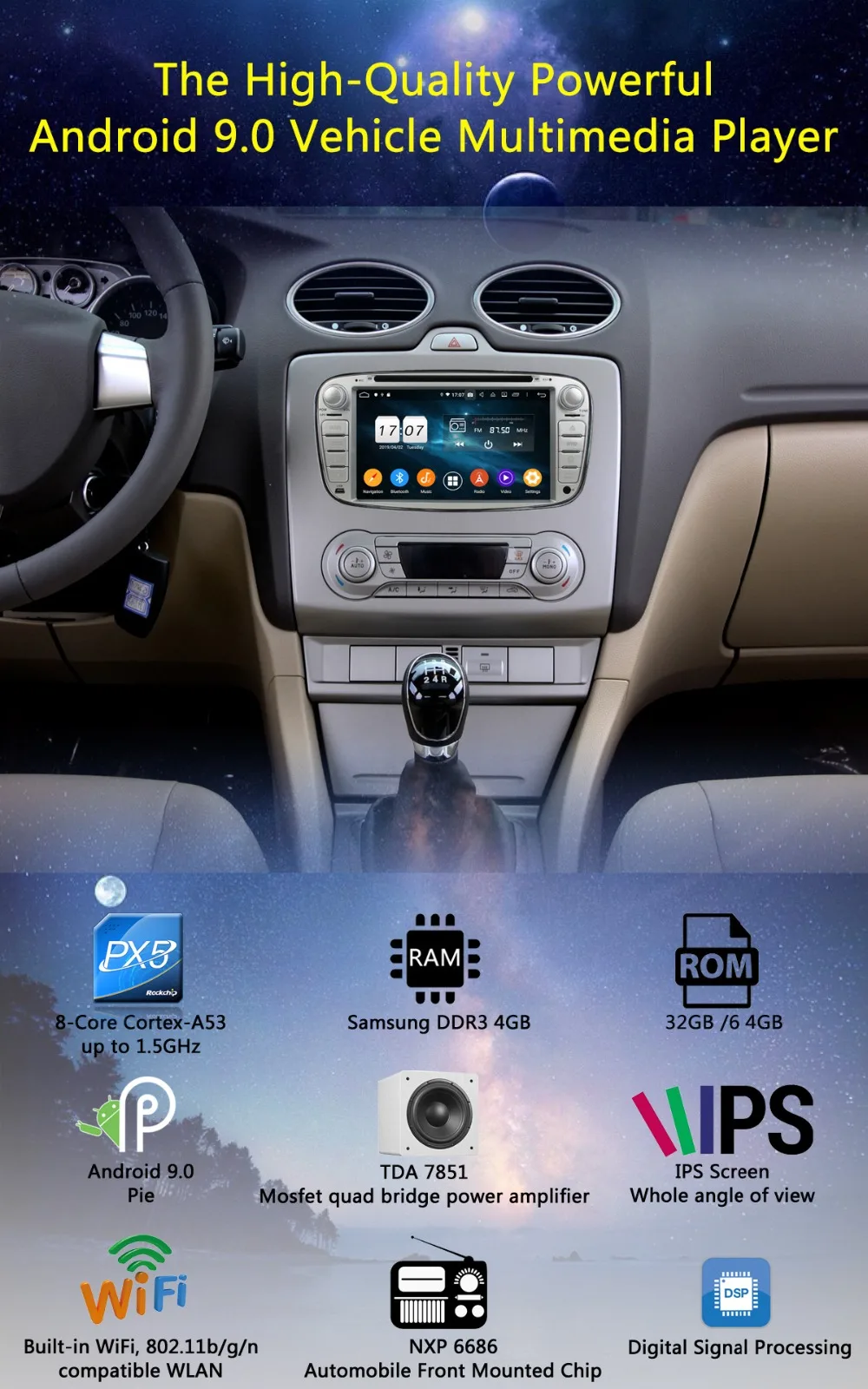 Cheap IPS 8Core 4G+64G Android 9.0 Car DVD Radio GPS For Ford Kuga Focus S-Max C-Max Mondeo Galaxy Tourneo Transit Connect DSP Player 1