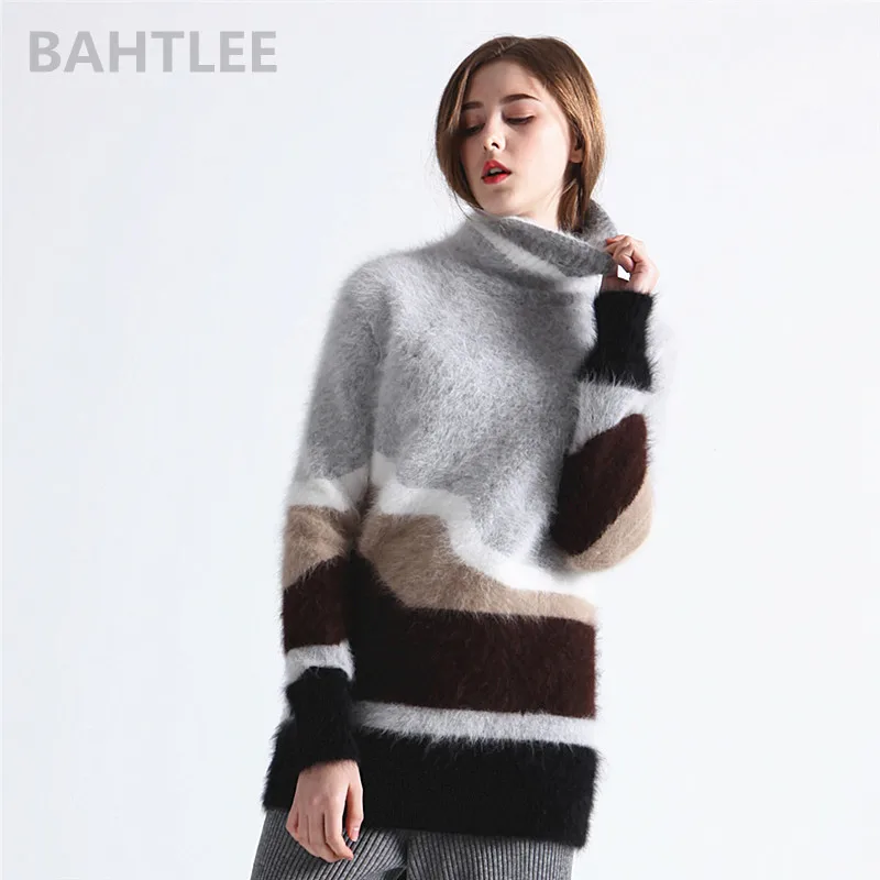 

BAHTLEE Winter Women's Angora Turtleneck Knitted Pullovers Jumper Sweater Hole Design Long sleeves Keep Warm Looser