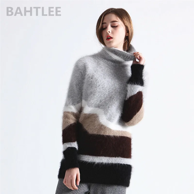 BAHTLEE Winter Women's Angora Turtleneck Knitted Pullovers Wool Jumper Sweater Hole Design Long Sleeves Keep Warm Looser | Женская