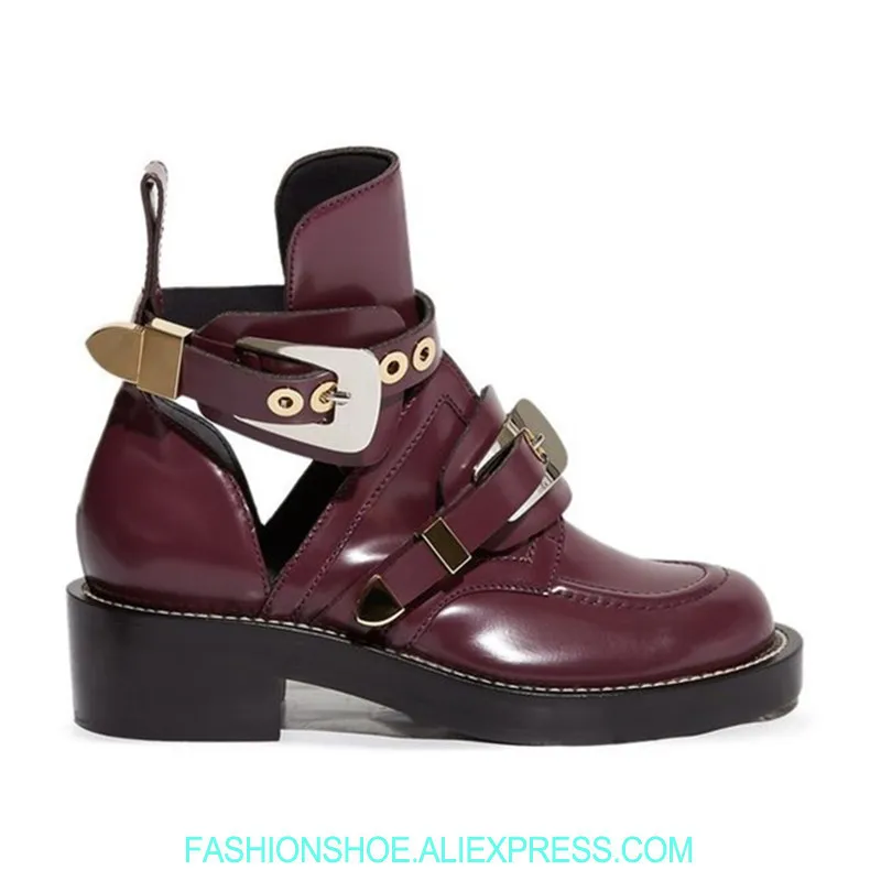 

metal stud Women Ankle Boots Fashion Cutout Leather Summer Boots Buckled Flats Sandals Punk Style Motorcycle Booties Ladies shoe