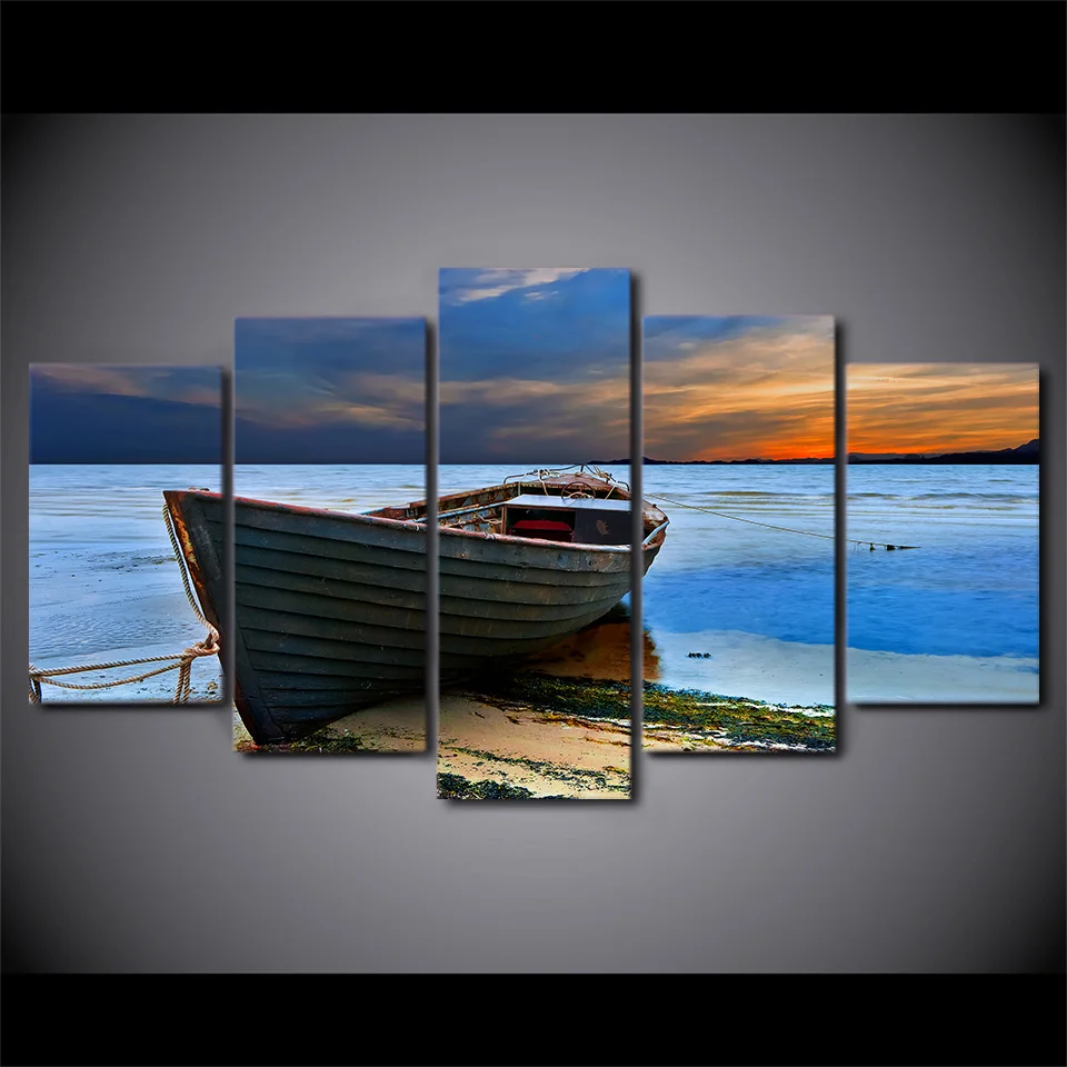 5 Piece HD Printed Fishing Boat Sunset Framed Wall Picture Art Poster