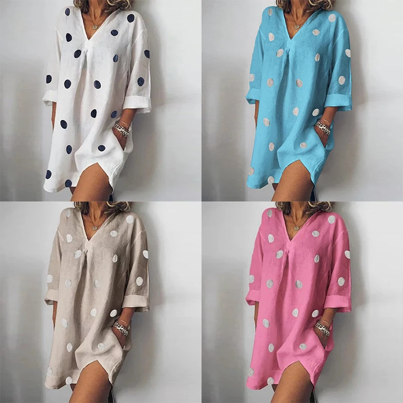 Women Irregular Linen Cotton Summer Dress 2020 Half Sleeve Mini Casual Dot Print V Neck Shirt 5XL | Женская одежда