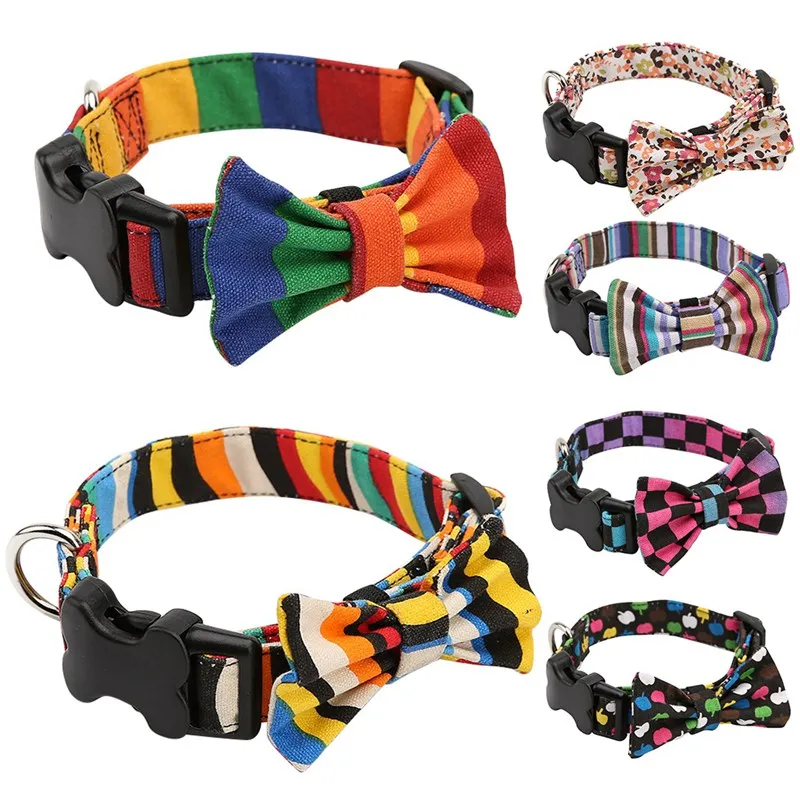 

Cats Small Dogs Colorful Collar Durable Cloth Collar Adjustable Bow Tie with Leash Ring Bone-shaped Seatbelt-buckle 1Pcs/lot