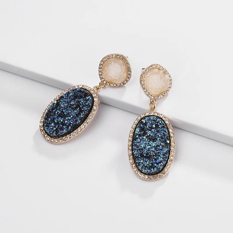 

HUIDANG Oval Shape Metallic Resin Druzy Quartz Stone Drop Earring for Women Fashion Jewelry Dangle Earrings