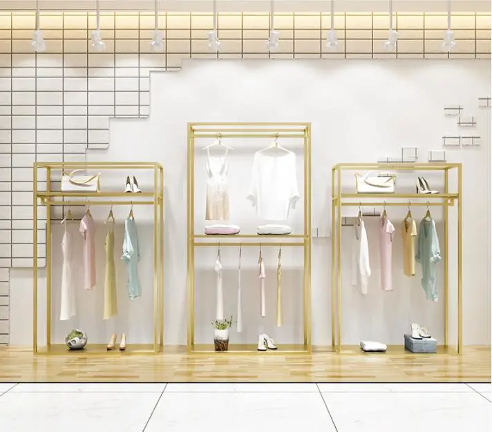Clothing store display rack high cabinet double hangers men and women store shelves light luxury gold hanging clothes rack