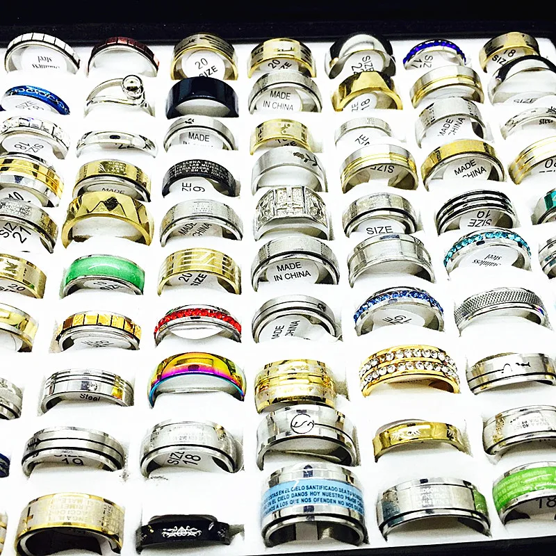 2018 wholesale lots bulk 100pcs ring set men women unisex stainless steel gold silver black mixed styles fashion rings jewelry