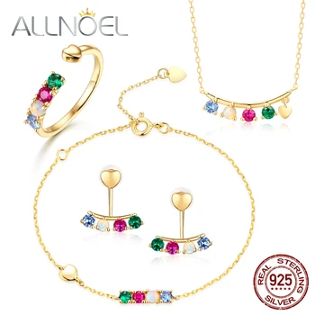

ALLNOEL 2019 Gemstone Jewelry Sets 925 Sterling Silver Opal Ruby Zircon Blue Spinel Necklace Earrings Ring Bracelets For Women