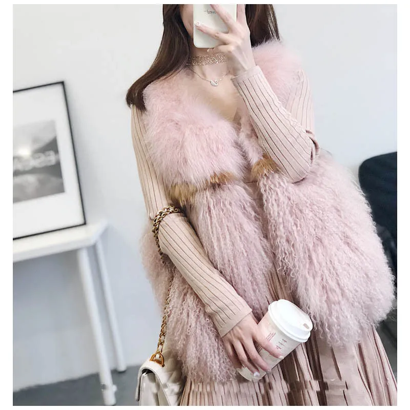 

CHEWIES Winter Spring Natural Real Fox Mongolia Lamb Sheep Fur Vest Women Female Waistcoat Pocket New Arrival Factory Outlet