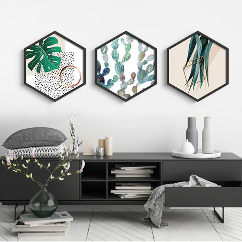 

Hexagon Green Plants Leaves Canvas Paintings Nordic Scandinavian Office Wall Art Poster Picture for Living Room Home Decor