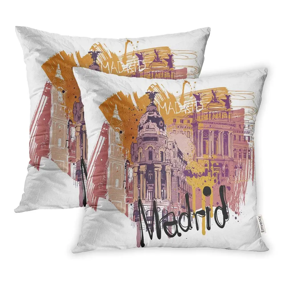 

Throw Pillow Covers Print Zippered Pillowcase Blue Spain Madrid City Yellow Architecture Brushes Buildings Drawing Square Home