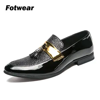 

Fotwear Men's Leather Loafers Men's casual shoes Gold and Black Mixed colors Glossy uppers with tassels Fashion Slip-on style