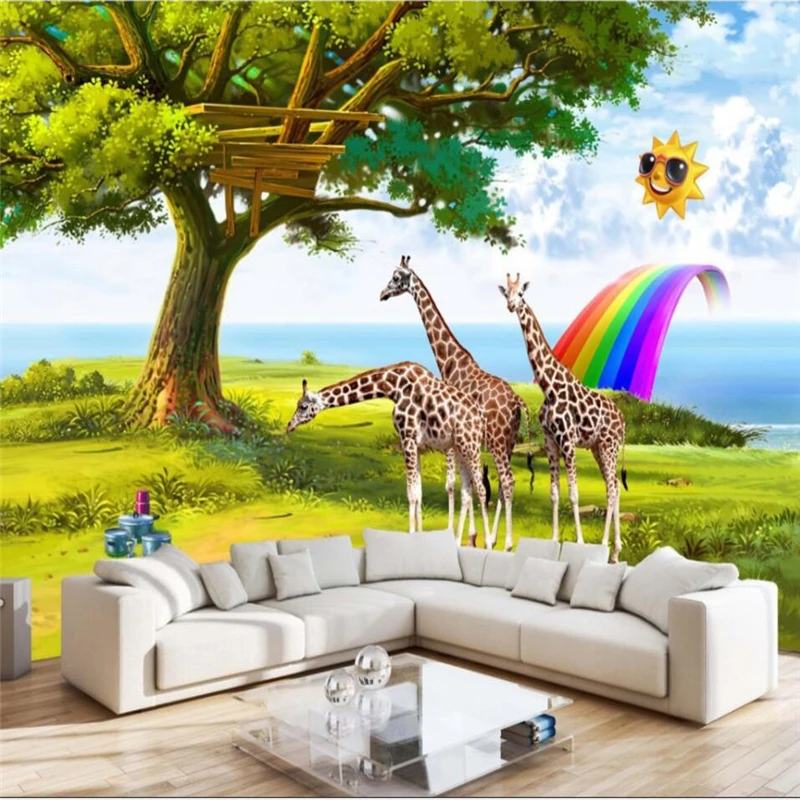 custom 3d rainbow with giraffe & sun bedroom wallpaper mural