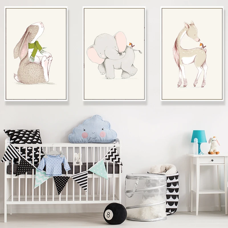 Nordic Minimalist Cute Hand-painted Watercolor Cartoon Animal Deer Rabbit Canvas Art Print Poster Picture wall Decoration | Дом и сад