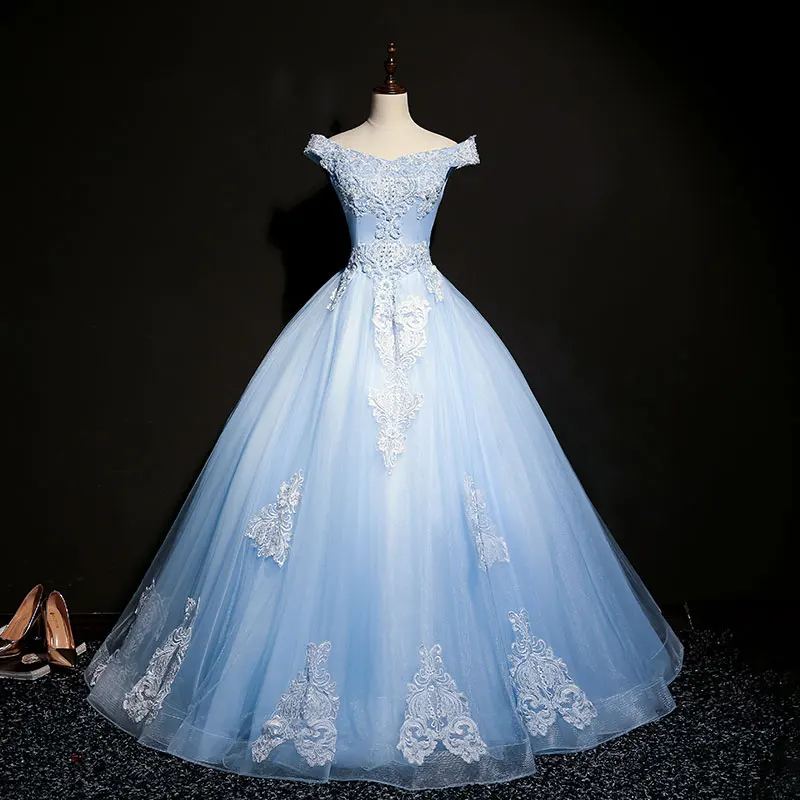 Настоящее белый розовый вышивка бальные платья бальное платье Милая оборками Vestidos De 15 Anos сладкий 16 платья для женщин - Цвет: light Blue